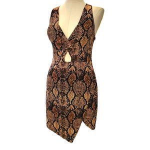 Bebe x Naven Dress Brown Black Faux Snakeskin Bodycon Deep V Mini Size 8 VR607